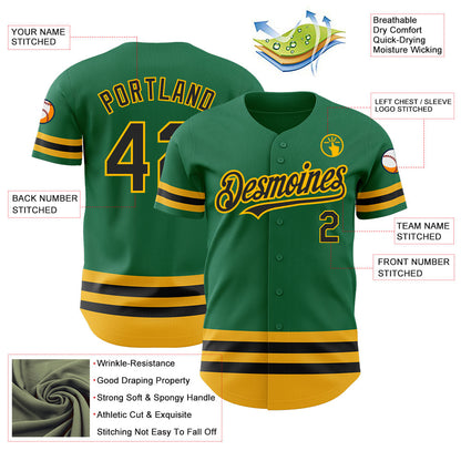 Custom Kelly Green Black-Gold Line Authentic Baseball Jersey - Sky-Custom