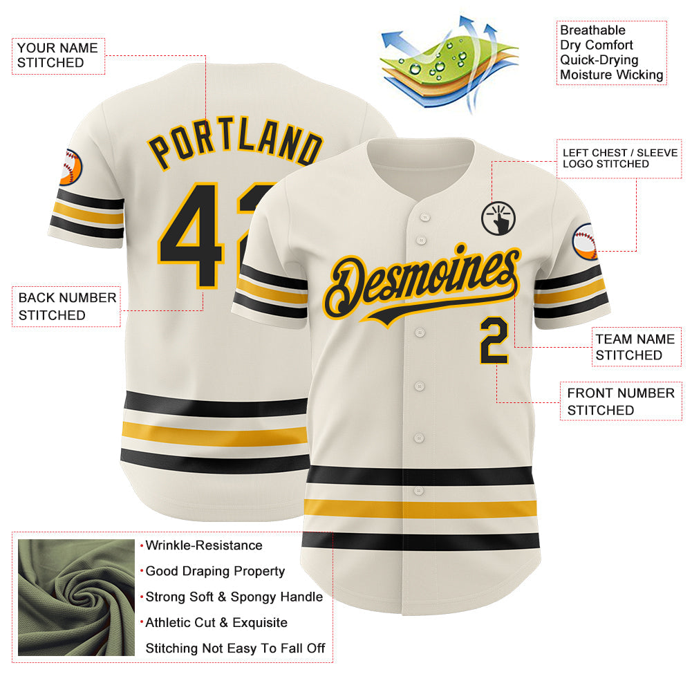 Custom Cream Black-Gold Line Authentic Baseball Jersey - Sky-Custom