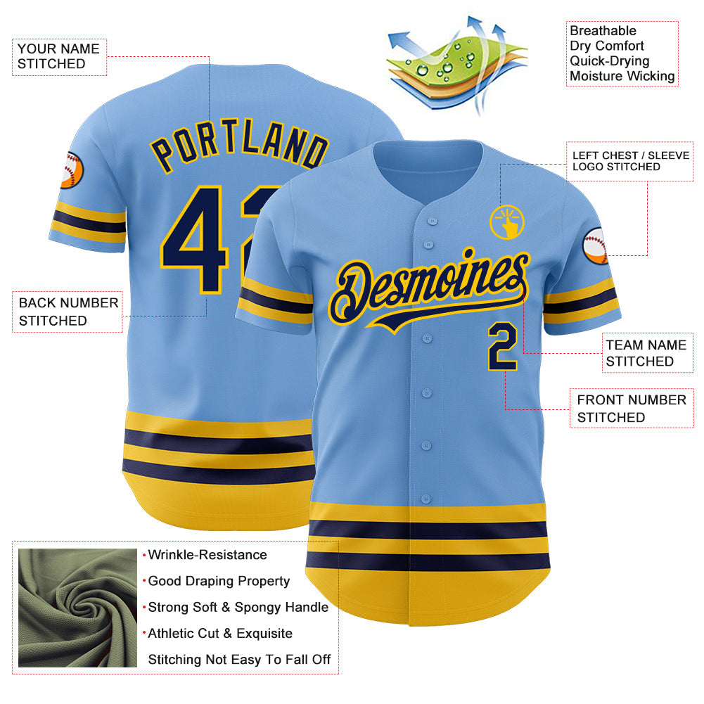 Custom Light Blue Navy-Yellow Line Authentic Baseball Jersey - Sky-Custom