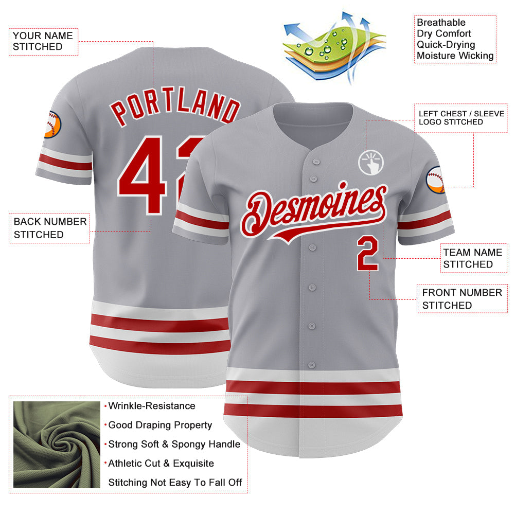 Custom Gray Red-White Line Authentic Baseball Jersey - Sky-Custom