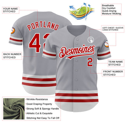 Custom Gray Red-White Line Authentic Baseball Jersey - Sky-Custom