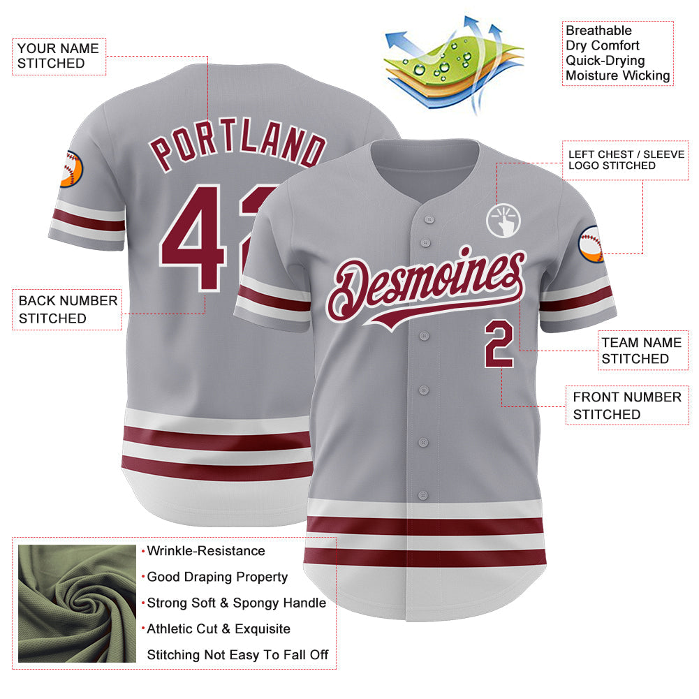 Custom Gray Crimson-White Line Authentic Baseball Jersey - Sky-Custom