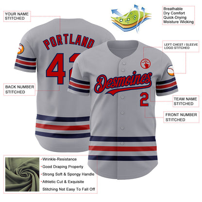 Custom Gray Red-Navy Line Authentic Baseball Jersey - Sky-Custom