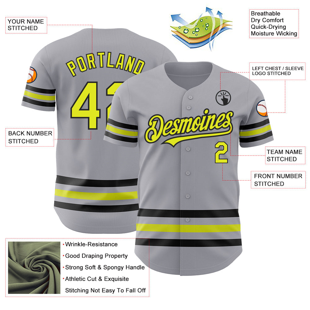 Custom Gray Neon Yellow-Black Line Authentic Baseball Jersey - Sky-Custom