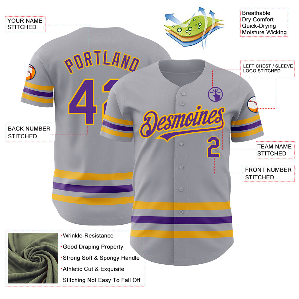 Custom Gray Purple-Gold Line Authentic Baseball Jersey - Sky-Custom