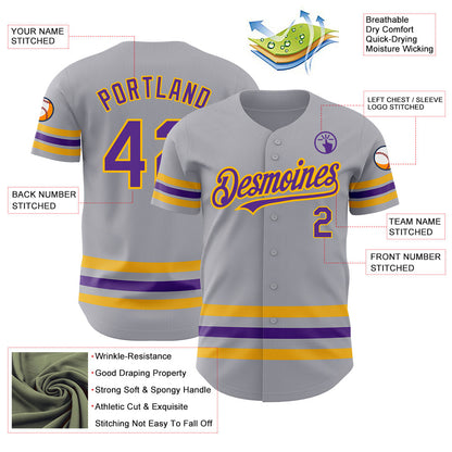 Custom Gray Purple-Gold Line Authentic Baseball Jersey - Sky-Custom