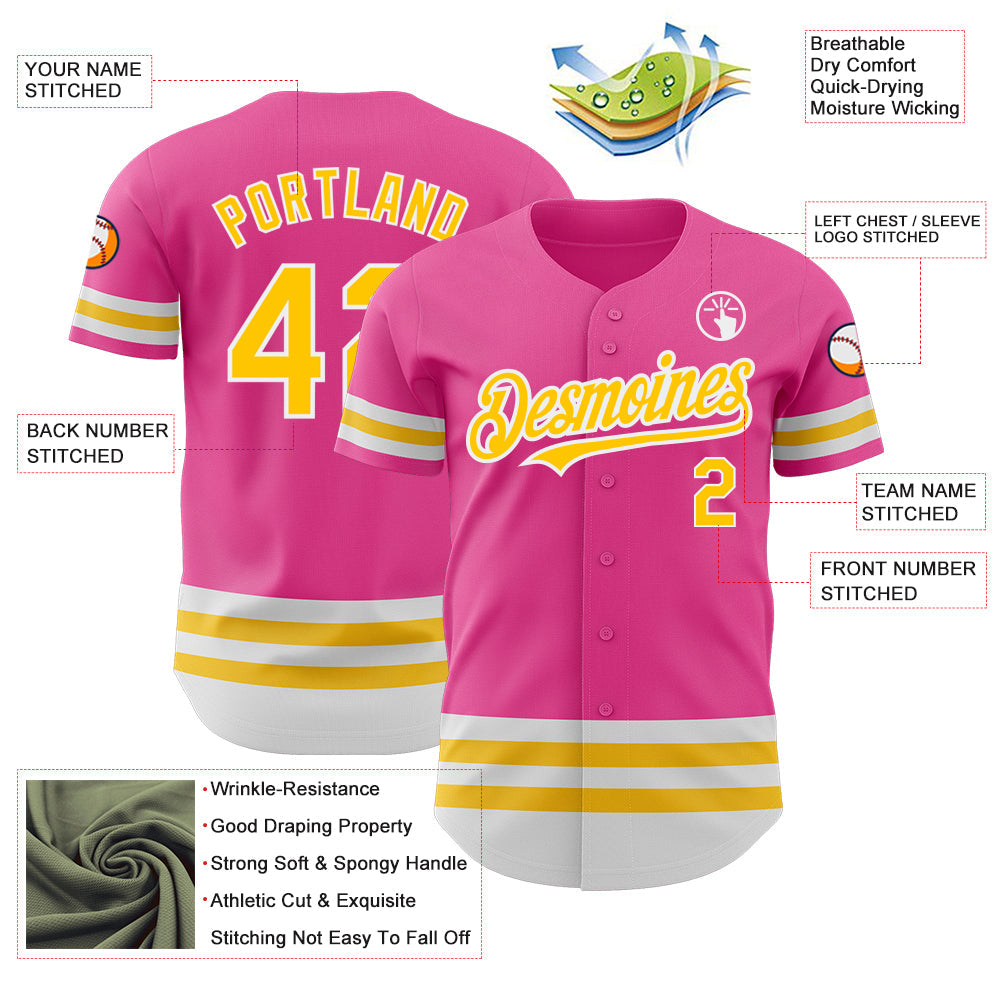 Custom Pink Yellow-White Line Authentic Baseball Jersey - Sky-Custom