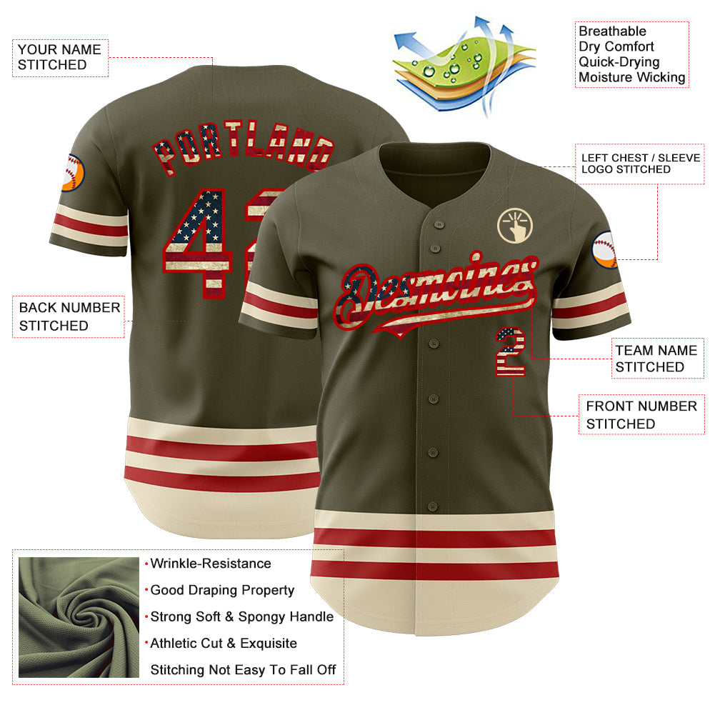 Custom Olive Vintage USA Flag Red-Cream Line Authentic Salute To Service Baseball Jersey - Sky-Custom