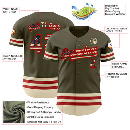 Custom Olive Vintage USA Flag Red-Cream Line Authentic Salute To Service Baseball Jersey - Sky-Custom