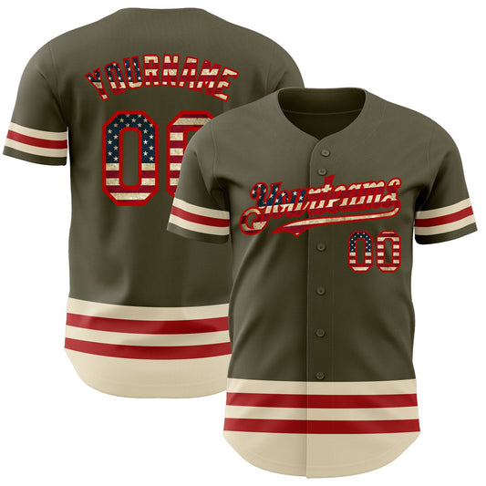 Custom Olive Vintage USA Flag Red-Cream Line Authentic Salute To Service Baseball Jersey - Sky-Custom