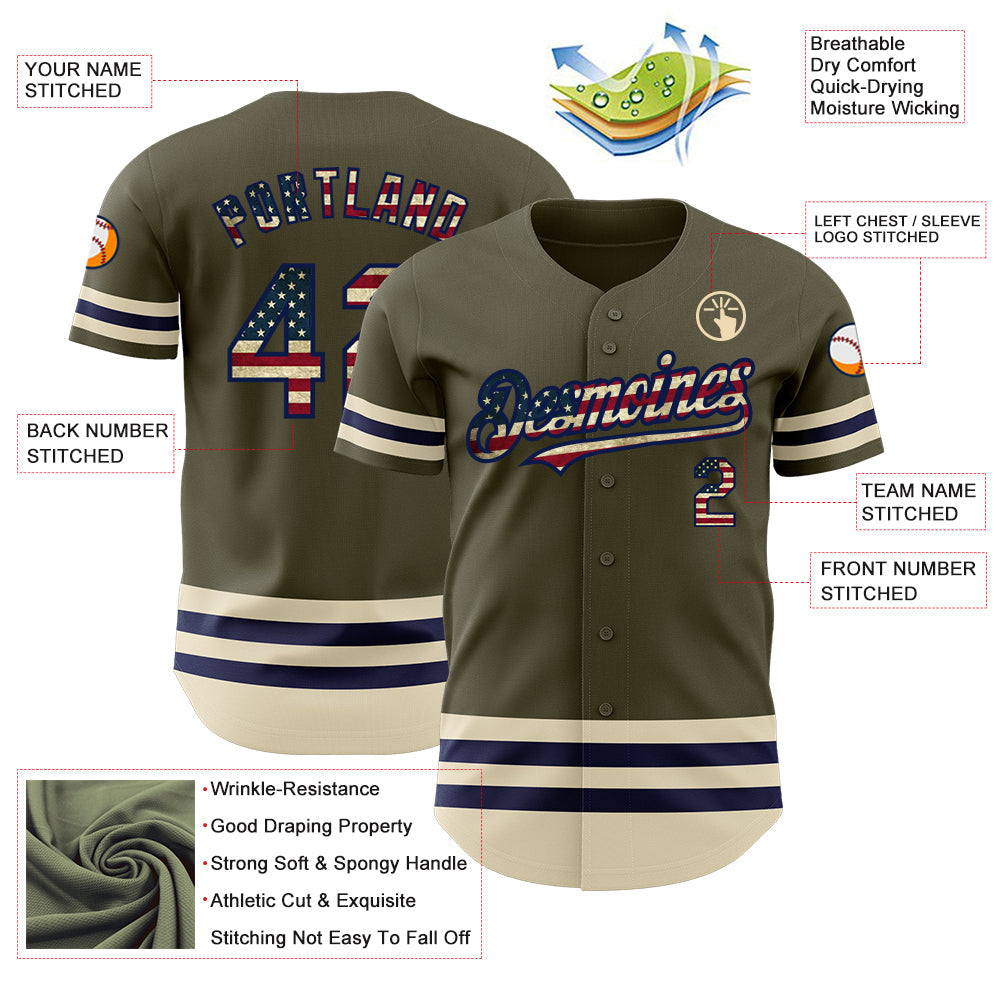 Custom Olive Vintage USA Flag Navy-Cream Line Authentic Salute To Service Baseball Jersey - Sky-Custom