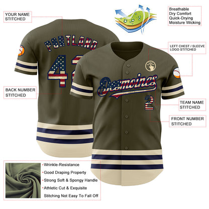 Custom Olive Vintage USA Flag Navy-Cream Line Authentic Salute To Service Baseball Jersey - Sky-Custom