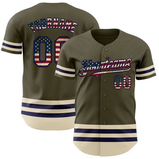 Custom Olive Vintage USA Flag Navy-Cream Line Authentic Salute To Service Baseball Jersey - Sky-Custom