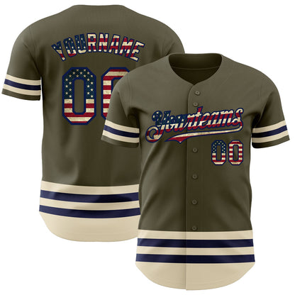 Custom Olive Vintage USA Flag Navy-Cream Line Authentic Salute To Service Baseball Jersey - Sky-Custom