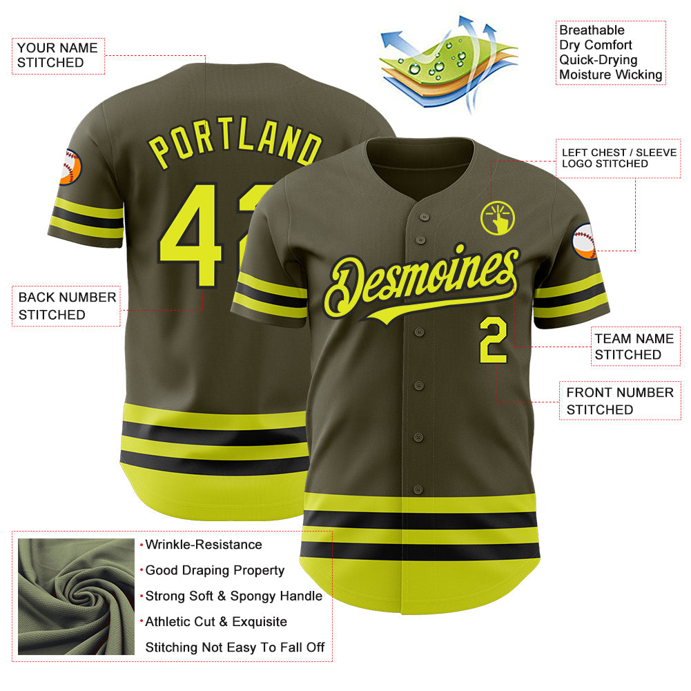 Custom Olive Neon Yellow-Black Line Authentic Salute To Service Baseball Jersey - Sky-Custom