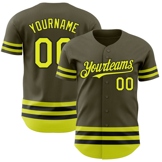 Custom Olive Neon Yellow-Black Line Authentic Salute To Service Baseball Jersey - Sky-Custom