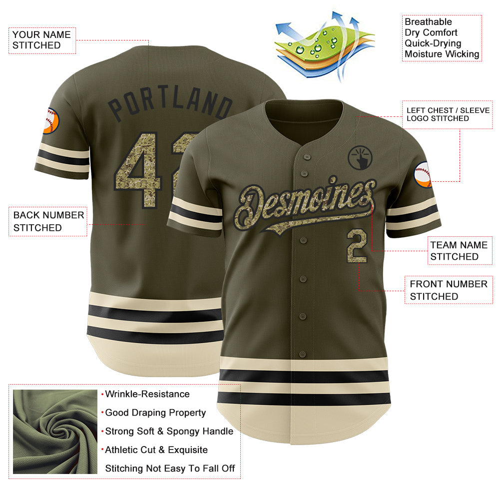 Custom Olive Camo Black-Cream Line Authentic Salute To Service Baseball Jersey - Sky-Custom