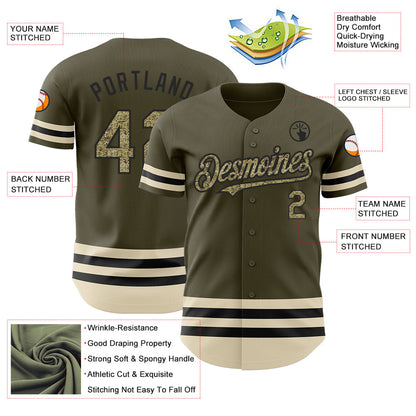 Custom Olive Camo Black-Cream Line Authentic Salute To Service Baseball Jersey - Sky-Custom