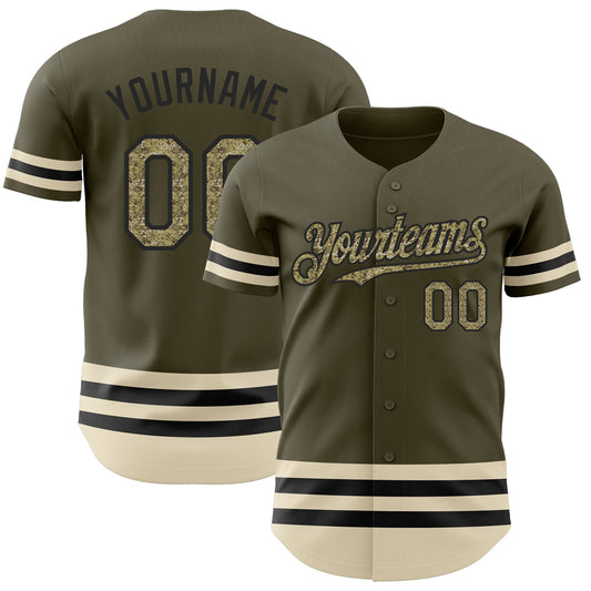 Custom Olive Camo Black-Cream Line Authentic Salute To Service Baseball Jersey - Sky-Custom