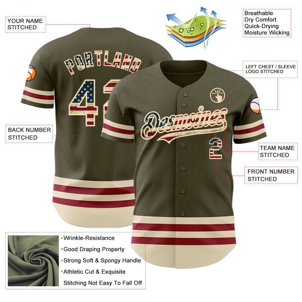 Custom Olive Vintage USA Flag Cream-Maroon Line Authentic Salute To Service Baseball Jersey - Sky-Custom