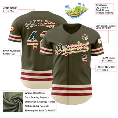Custom Olive Vintage USA Flag Cream-Maroon Line Authentic Salute To Service Baseball Jersey - Sky-Custom