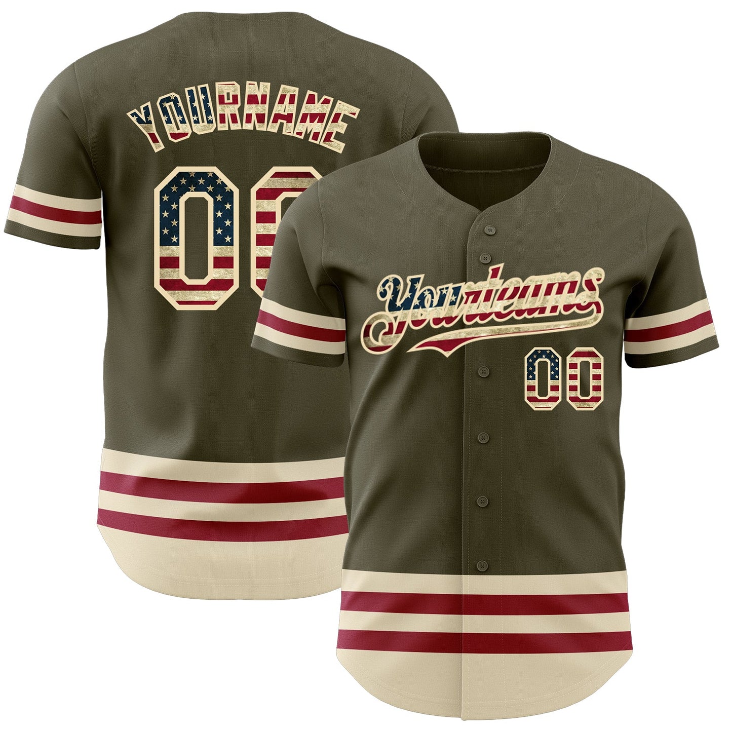Custom Olive Vintage USA Flag Cream-Maroon Line Authentic Salute To Service Baseball Jersey - Sky-Custom