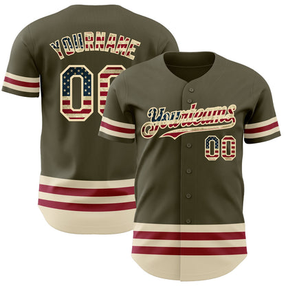 Custom Olive Vintage USA Flag Cream-Maroon Line Authentic Salute To Service Baseball Jersey - Sky-Custom