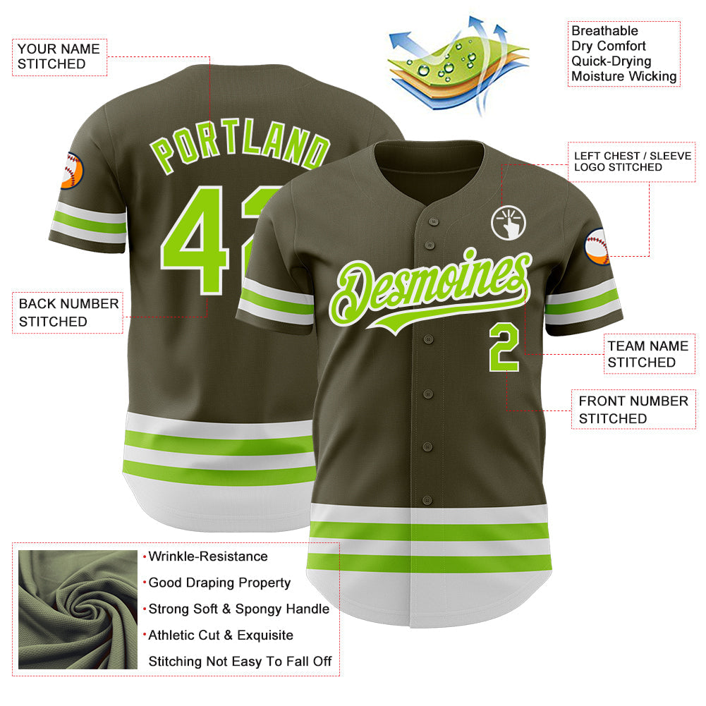 Custom Olive Neon Green-White Line Authentic Salute To Service Baseball Jersey - Sky-Custom