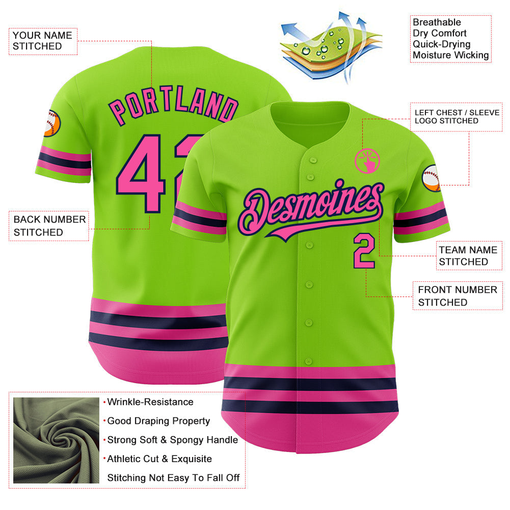 Custom Neon Green Pink-Navy Line Authentic Baseball Jersey - Sky-Custom