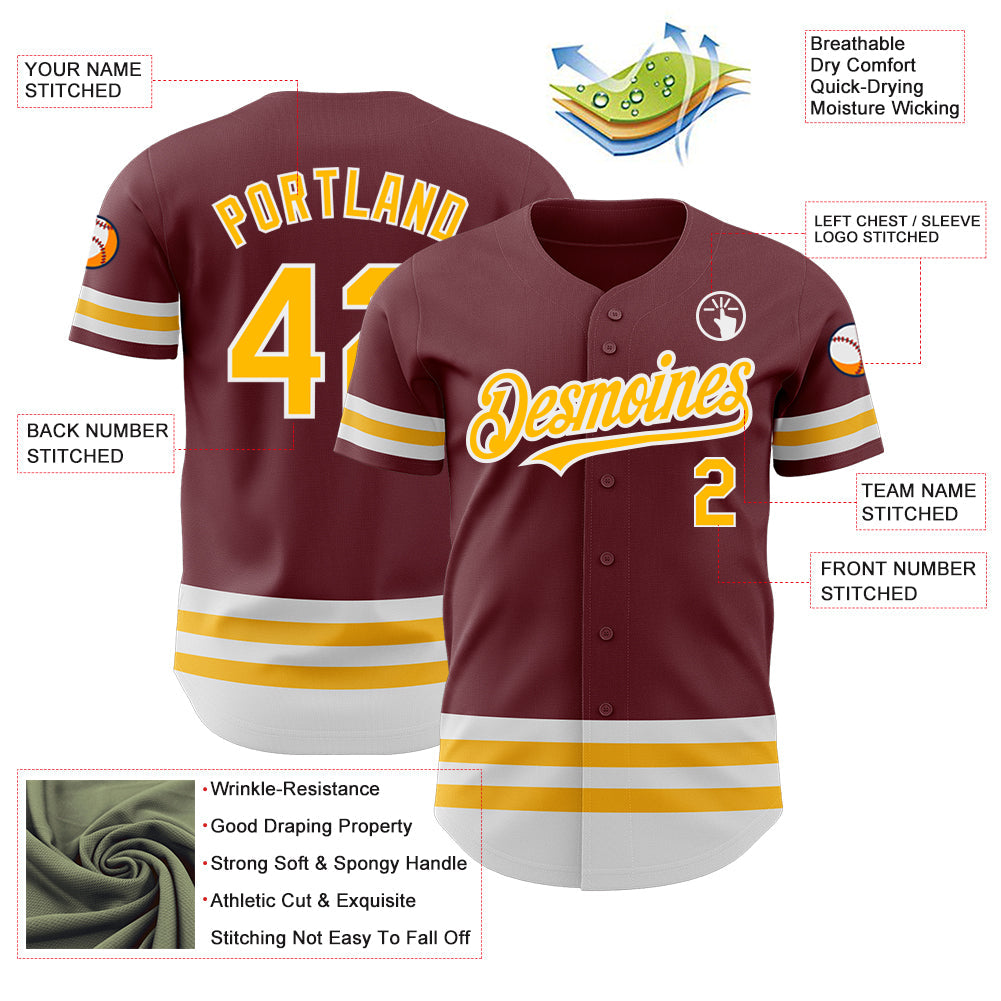 Custom Burgundy Gold-White Line Authentic Baseball Jersey - Sky-Custom