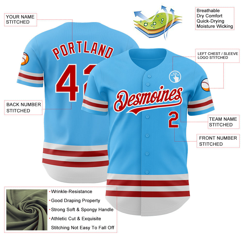Custom Sky Blue Red-White Line Authentic Baseball Jersey - Sky-Custom