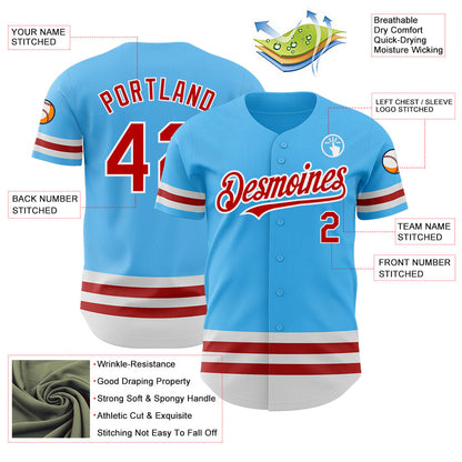 Custom Sky Blue Red-White Line Authentic Baseball Jersey - Sky-Custom