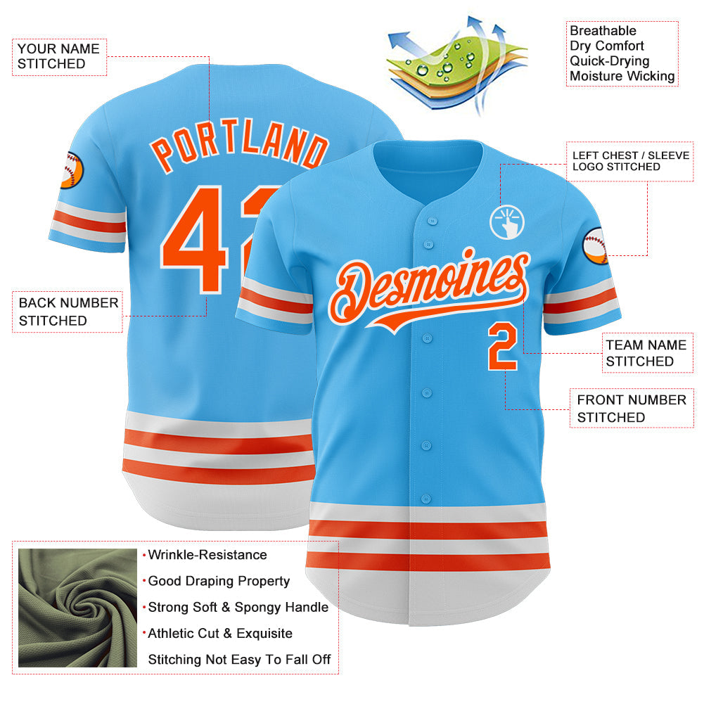 Custom Sky Blue Orange-White Line Authentic Baseball Jersey - Sky-Custom