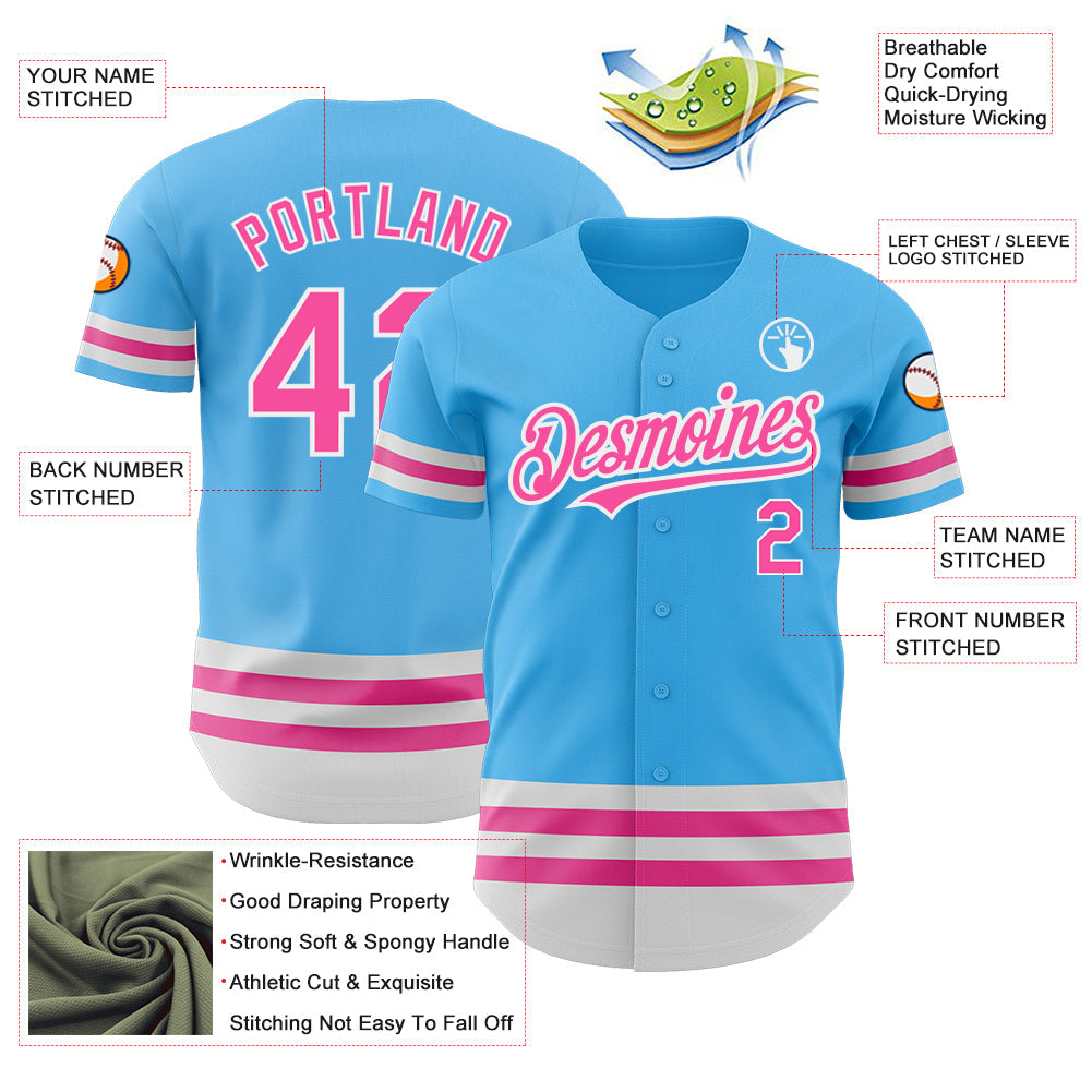 Custom Sky Blue Pink-White Line Authentic Baseball Jersey - Sky-Custom
