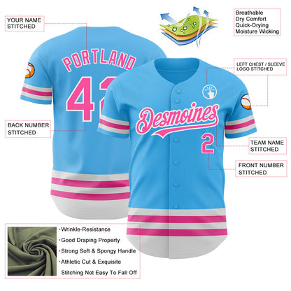Custom Sky Blue Pink-White Line Authentic Baseball Jersey - Sky-Custom
