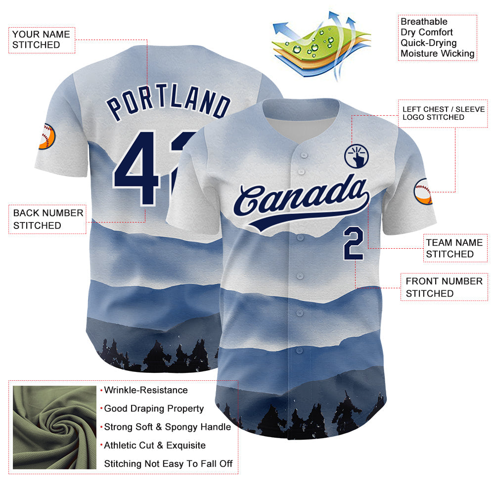 Custom White Navy 3D Pattern Design Watercolor Mountains Authentic Baseball Jersey - Sky-Custom