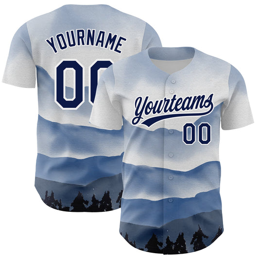 Custom White Navy 3D Pattern Design Watercolor Mountains Authentic Baseball Jersey - Sky-Custom