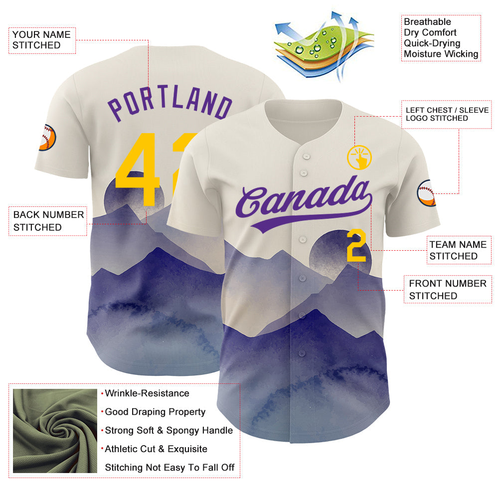 Custom Cream Yellow-Purple 3D Pattern Design Watercolor Mountains Authentic Baseball Jersey - Sky-Custom