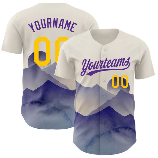 Custom Cream Yellow-Purple 3D Pattern Design Watercolor Mountains Authentic Baseball Jersey - Sky-Custom