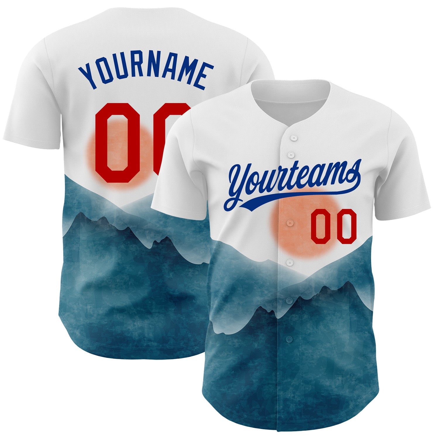 Custom White Red-Royal 3D Pattern Design Watercolor Mountains Authentic Baseball Jersey - Sky-Custom