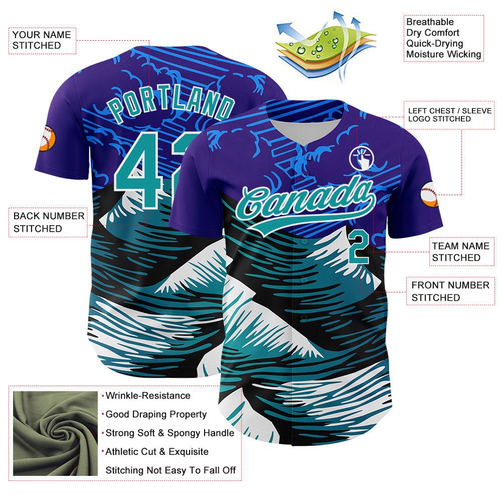 Custom Purple Teal-White 3D Pattern Design Mountains Authentic Baseball Jersey - Sky-Custom