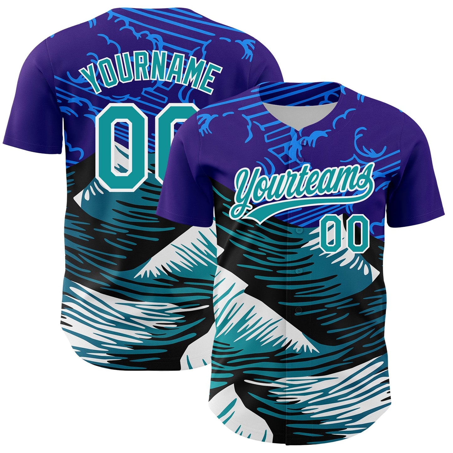 Custom Purple Teal-White 3D Pattern Design Mountains Authentic Baseball Jersey - Sky-Custom