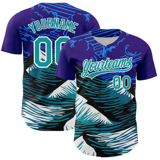Custom Purple Teal-White 3D Pattern Design Mountains Authentic Baseball Jersey - Sky-Custom