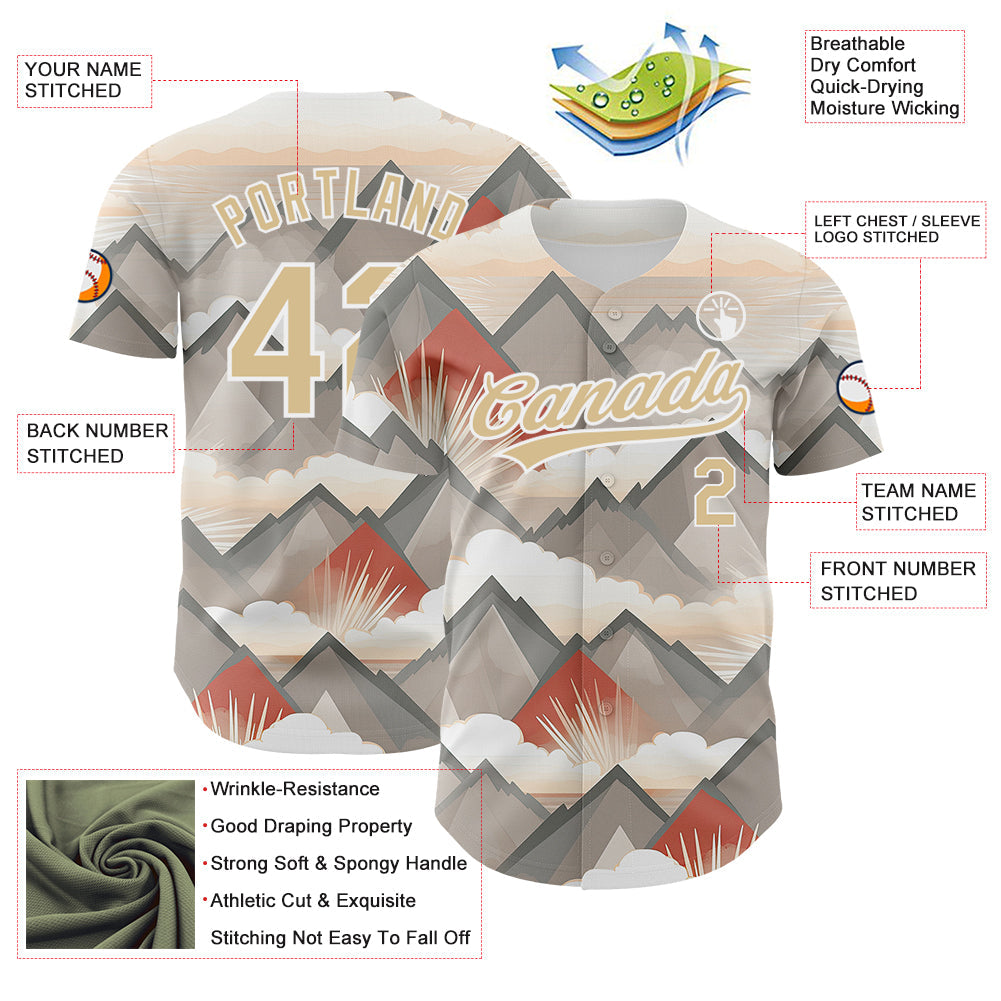 Custom Vegas Gold White 3D Pattern Design Sun Rays Through Mountain Tops Authentic Baseball Jersey - Sky-Custom