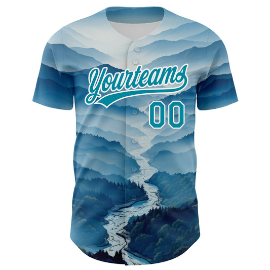 Custom White Teal 3D Pattern Design Mountains Authentic Baseball Jersey - Sky-Custom