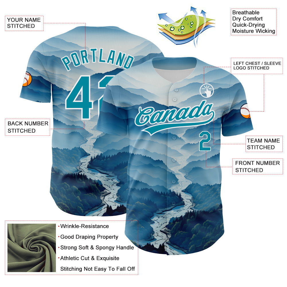 Custom White Teal 3D Pattern Design Mountains Authentic Baseball Jersey - Sky-Custom