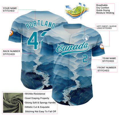 Custom White Teal 3D Pattern Design Mountains Authentic Baseball Jersey - Sky-Custom