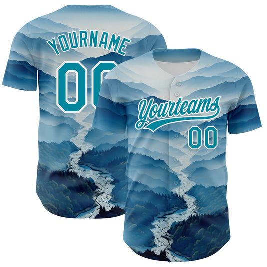 Custom White Teal 3D Pattern Design Mountains Authentic Baseball Jersey - Sky-Custom