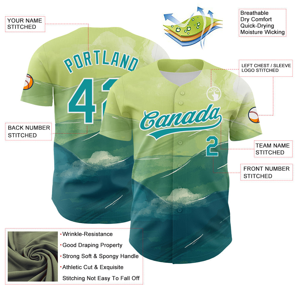 Custom Green Teal-White 3D Pattern Design Watercolor Mountains Authentic Baseball Jersey - Sky-Custom