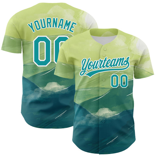 Custom Green Teal-White 3D Pattern Design Watercolor Mountains Authentic Baseball Jersey - Sky-Custom